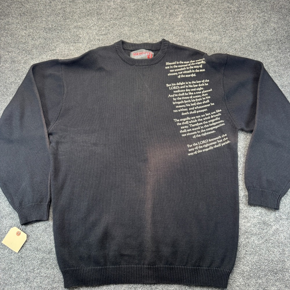 Meoshe Psalm 1 Bible Scripture Sweater Men XL Black Ramie Blend Knit Heavyweight